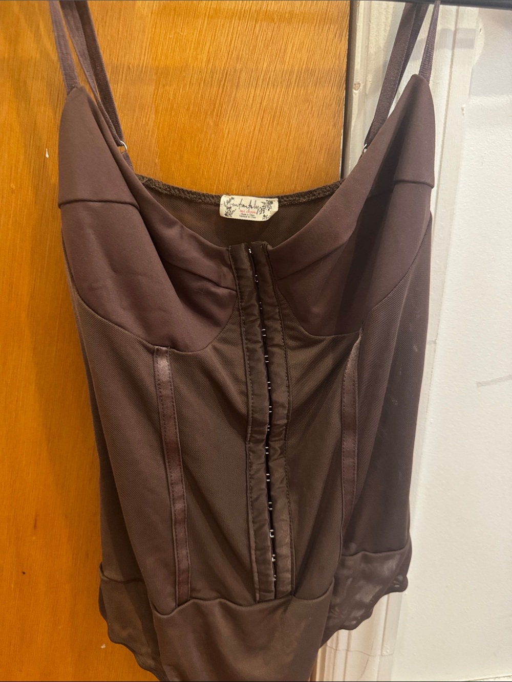 Free People Size M Women's Brown Satin Bodysuit with Front Hook Closure - Picture 3 of 4